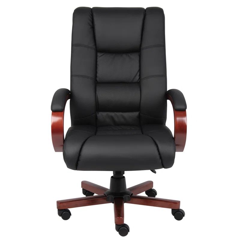 Elegant High-Back Executive Swivel Chair with Wood Accents, Black