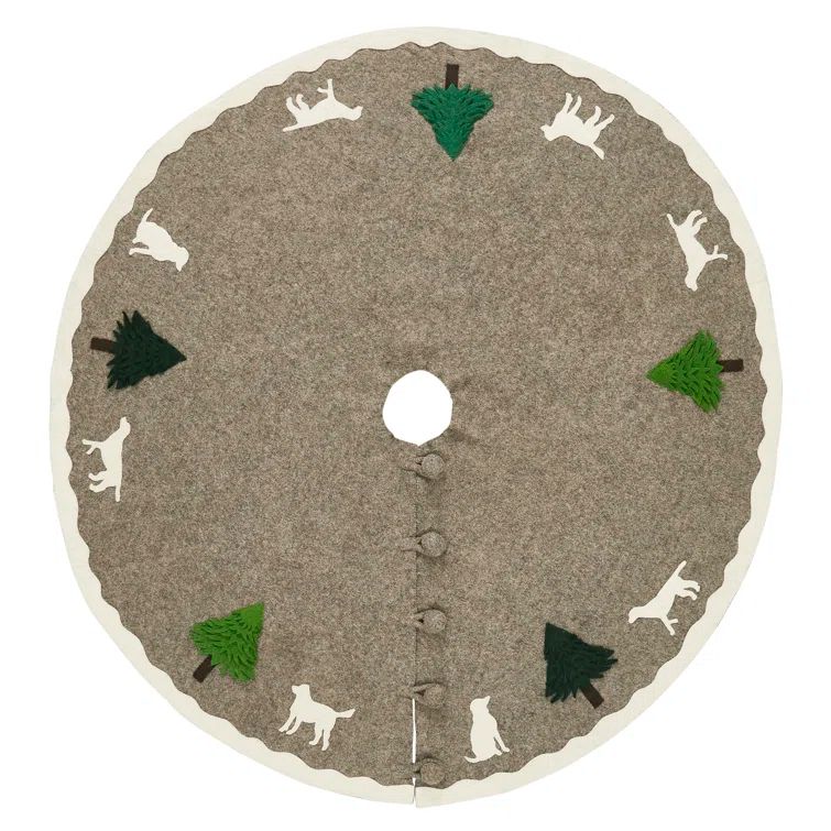 Cream and Green Wool Felt Christmas Tree Skirt with Embroidered Dogs and Trees
