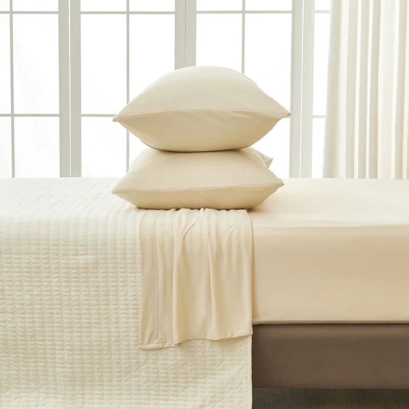 Beige and White Queen Performance Microfiber Sheet Set
