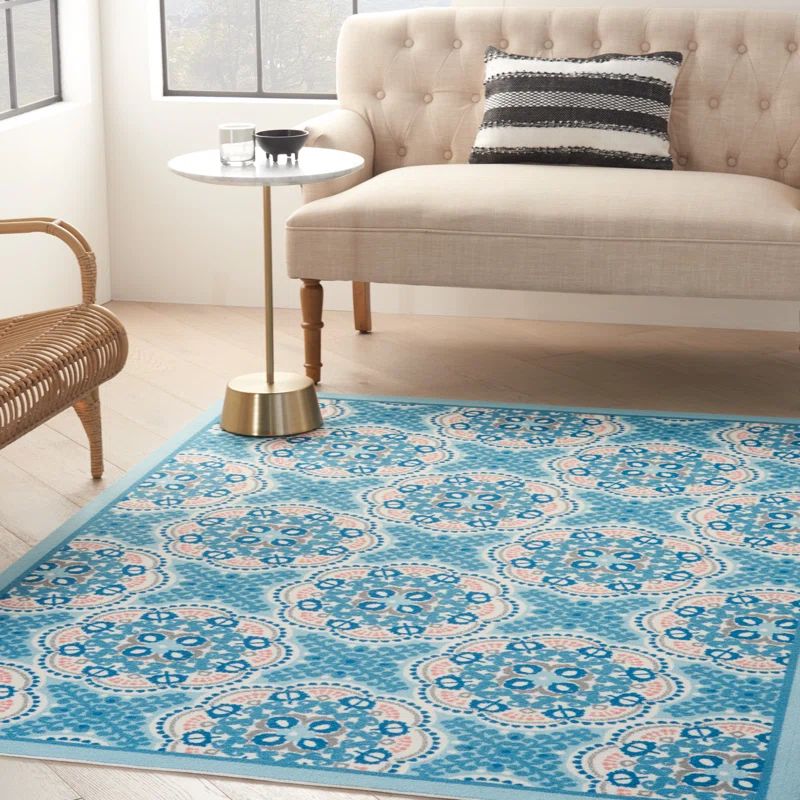 Off-White and Blue Floral Rectangular Synthetic Area Rug