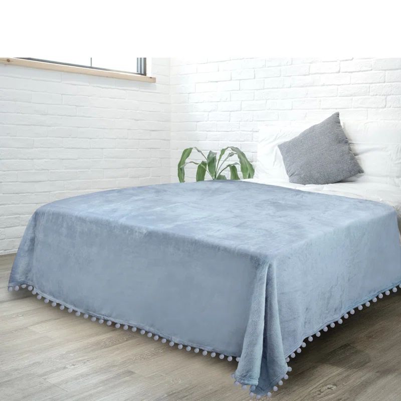 Cozy Dusty Blue Fleece Twin Throw with Pom Pom Fringe