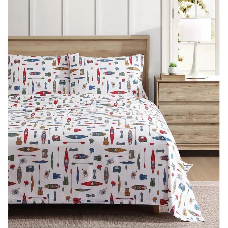 Kayak Adventure Red and Blue Cotton Percale Full Sheet Set