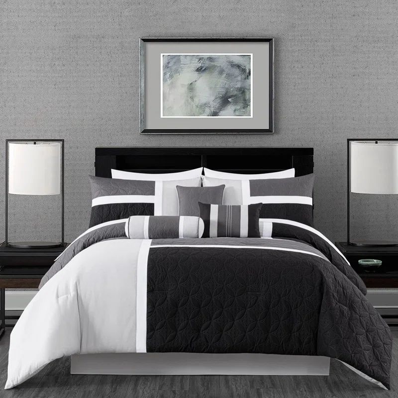 Queen Black and Gray Microfiber 7-Piece Comforter Set