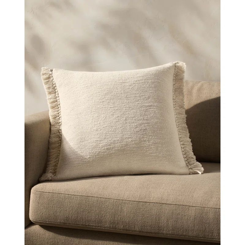 Ivory Round Cotton Blend Pillow with Tassel Fringe, 22" x 22"