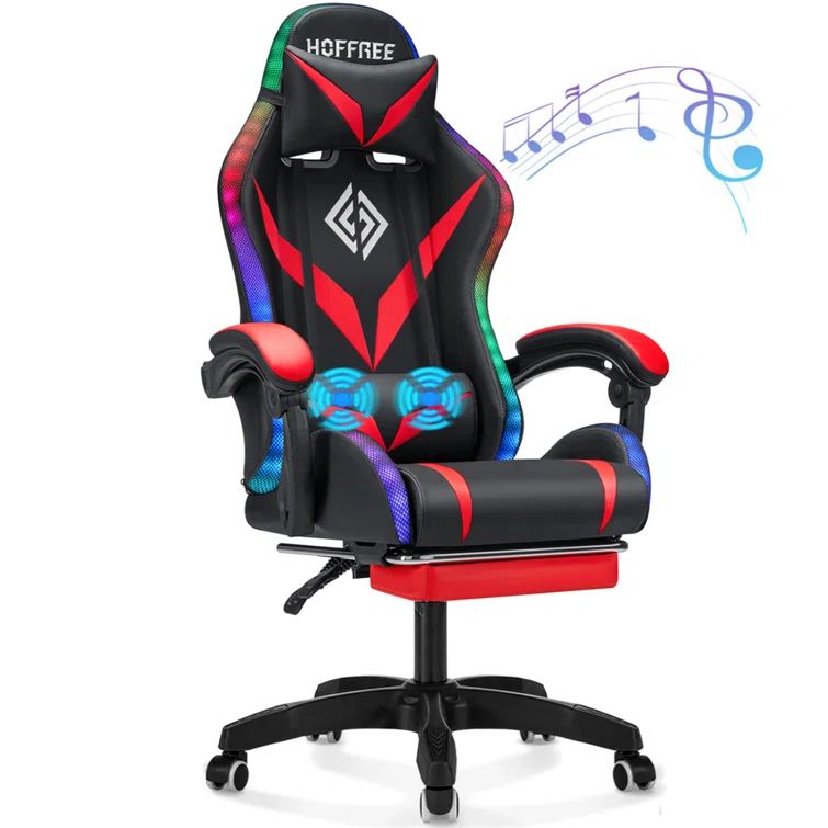 Red and Black Faux Leather Ergonomic Gaming Chair with Bluetooth Speakers and RGB LED Lights