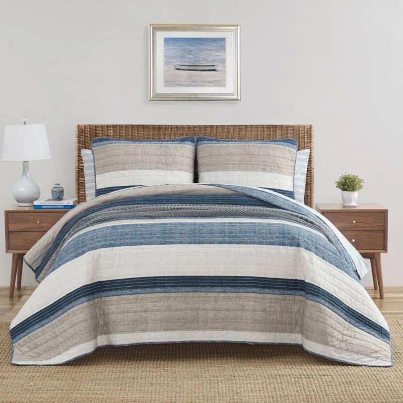 Twin Blue Cotton Reversible Quilt Set with Trim
