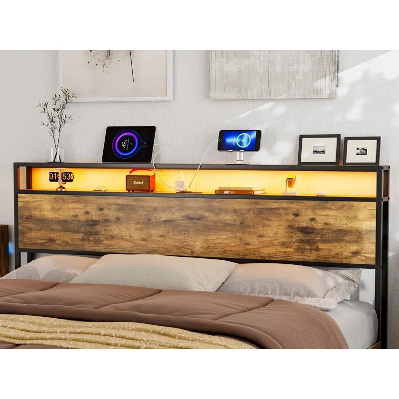 California King Rustic Brown Wood and Metal Storage Headboard with LED Lights