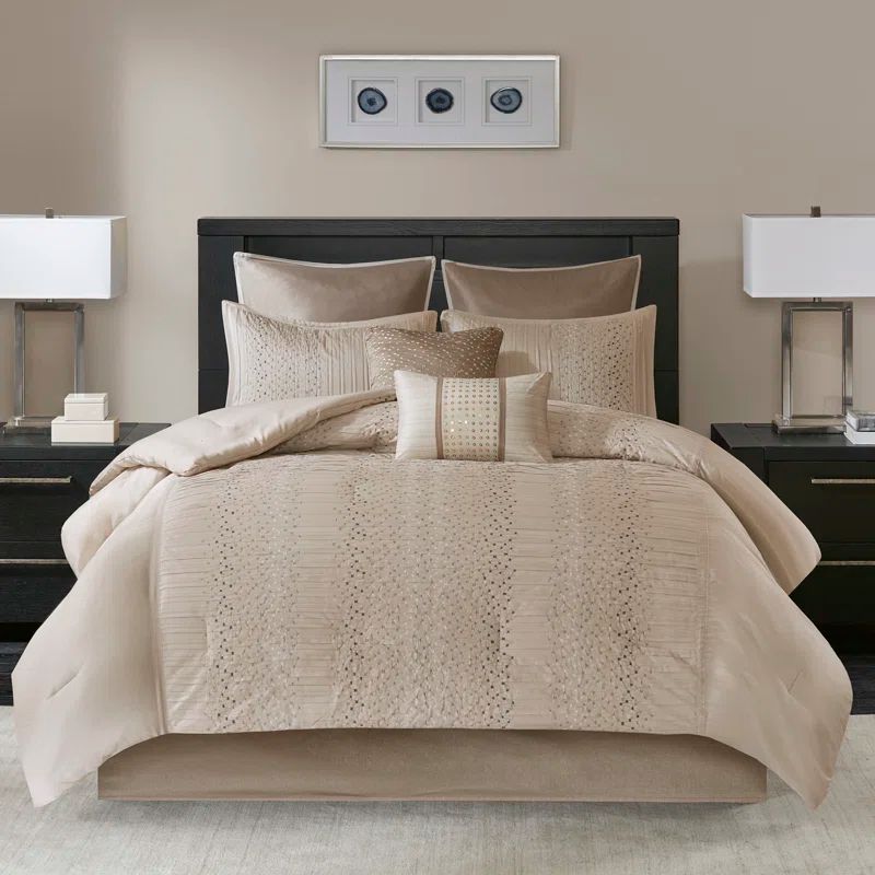 King Beige Faux Silk Embroidered Comforter Set