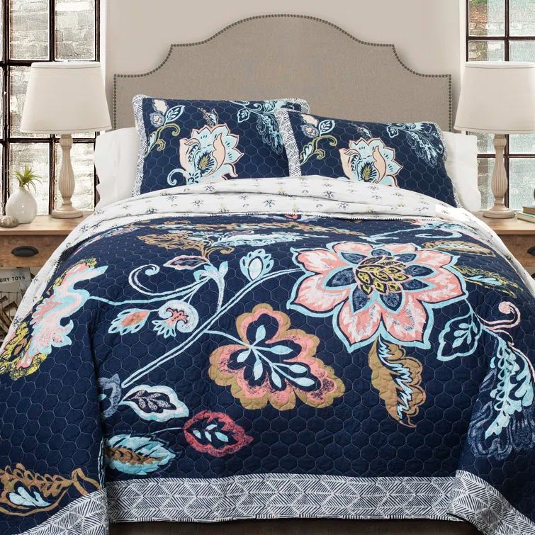 Navy Floral Cotton Reversible Full Quilt Set
