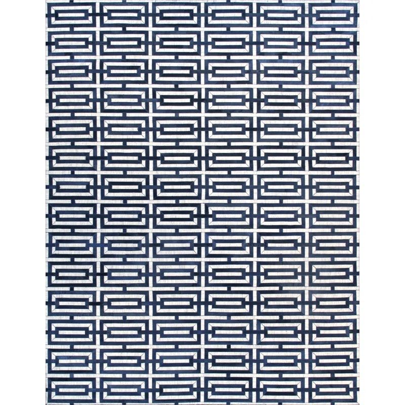 Blue and White Geometric Cowhide 4' x 6' Handmade Rug
