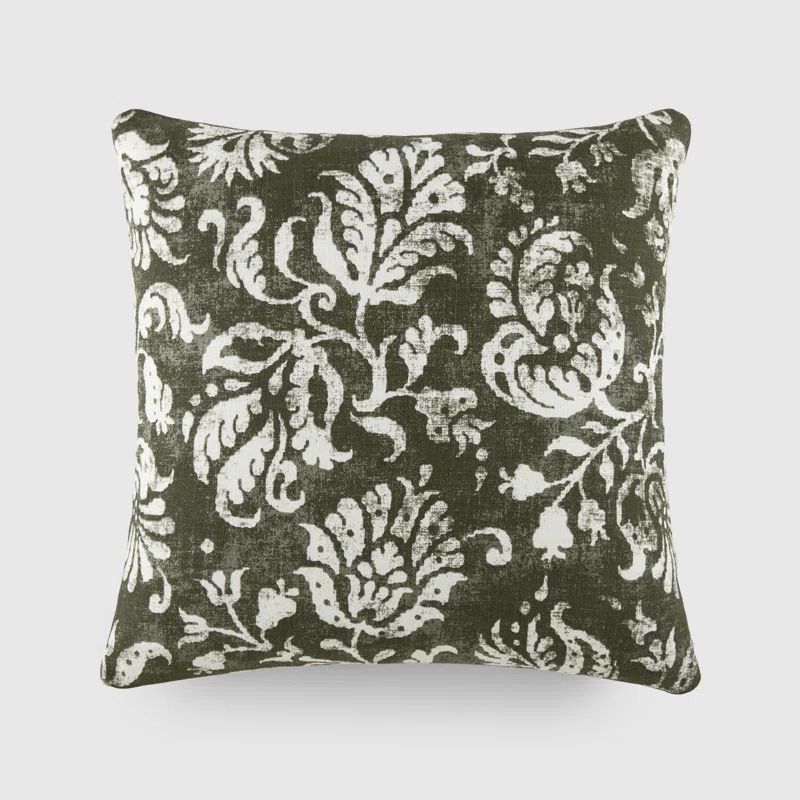Olive Green Cotton Square Throw Pillow with Floral Pattern
