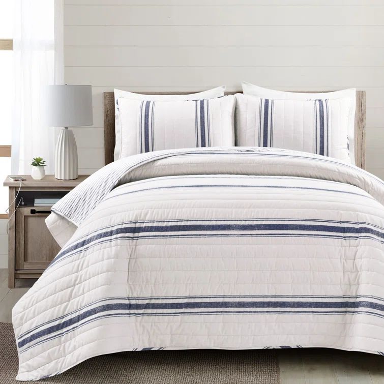 Navy and White Cotton Reversible Full Quilt Set
