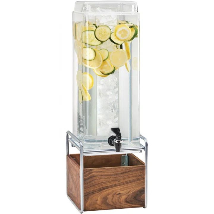 Mid-Century 3 Gallon Clear Plastic Beverage Dispenser with Walnut Base