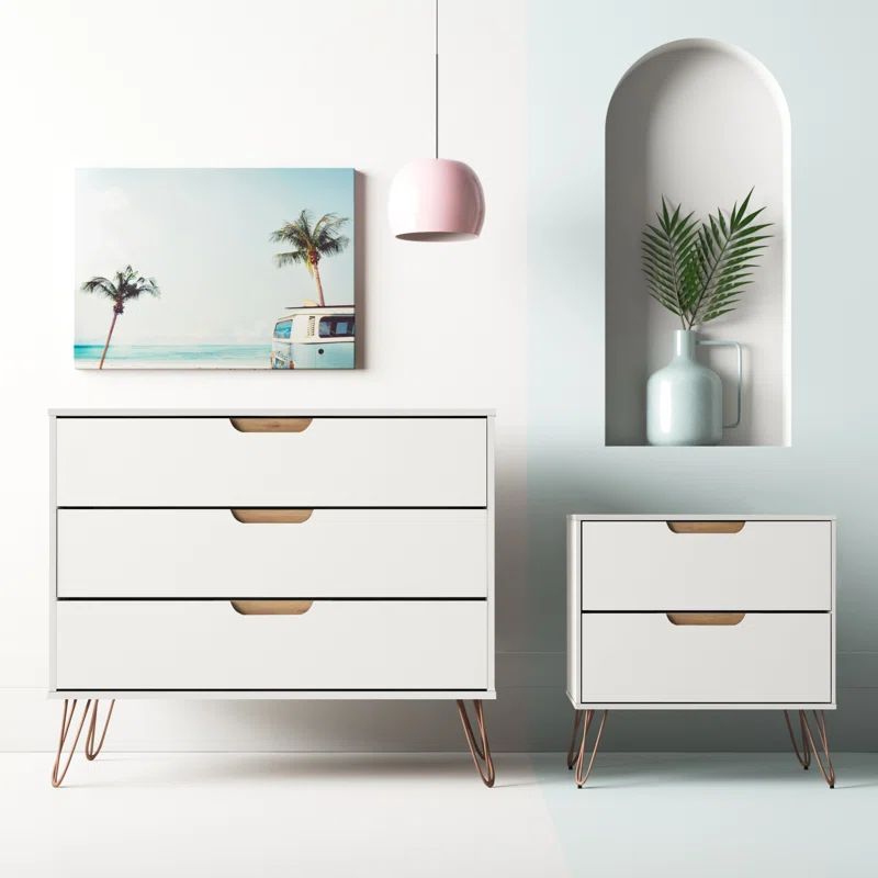 White Hairpin Leg Dresser and Nightstand Set