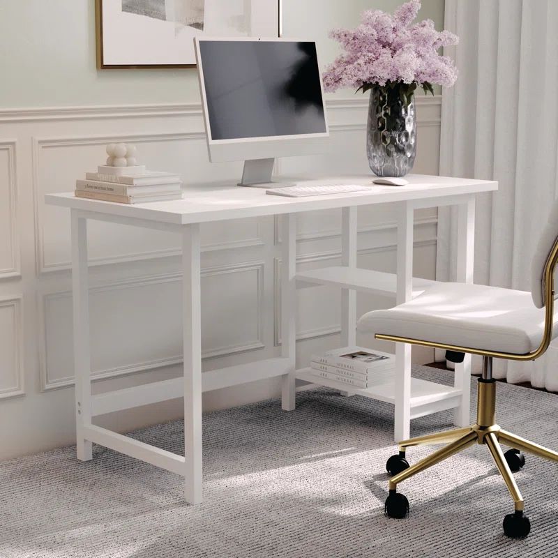 White Wood Grain Home Office Trestle Desk with Shelves