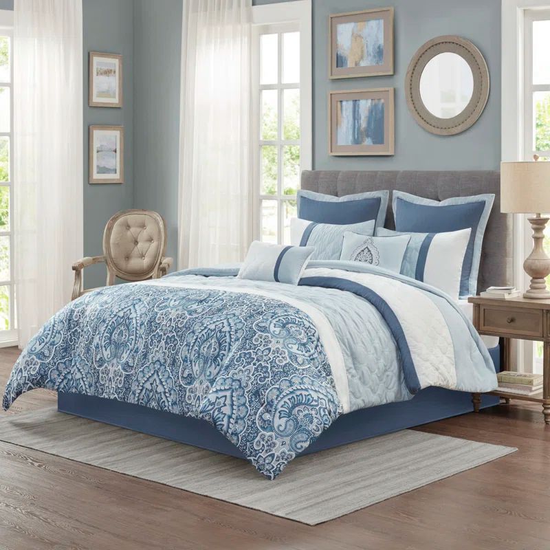 King Blue Microfiber 8-Piece Bedspread Set with Pattern