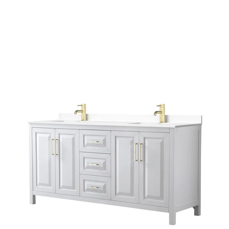 Elegant 72" White Double Bathroom Vanity with Cultured Marble Top and Brushed Gold Trim