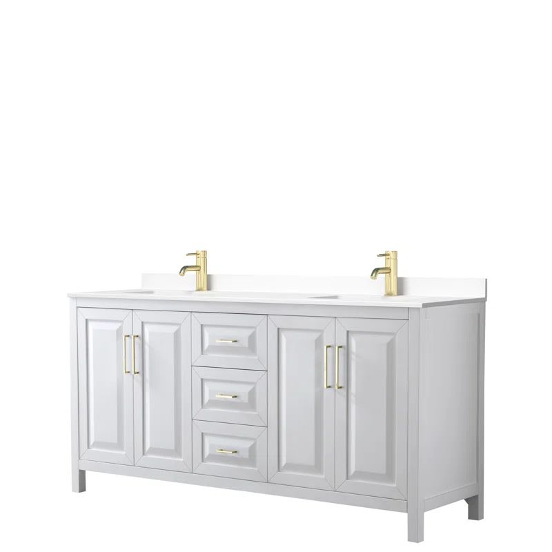 Elegant 72" White Double Bathroom Vanity with Cultured Marble Top and Brushed Gold Trim