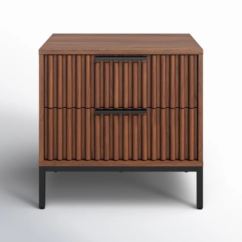 Walnut and Black Modern 2 Drawer Nightstand with Fluted Detail