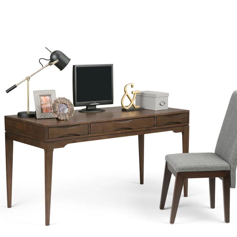 Harper Solid Rubberwood Home Office Desk with Keyboard Tray, Walnut Brown