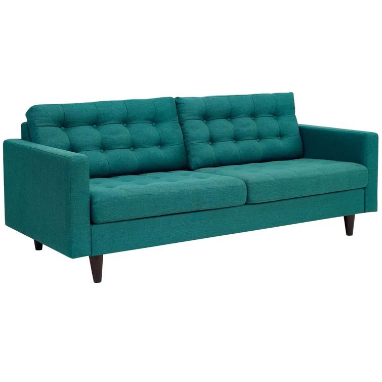 Teal Tufted Fabric Sofa with Solid Wood Legs