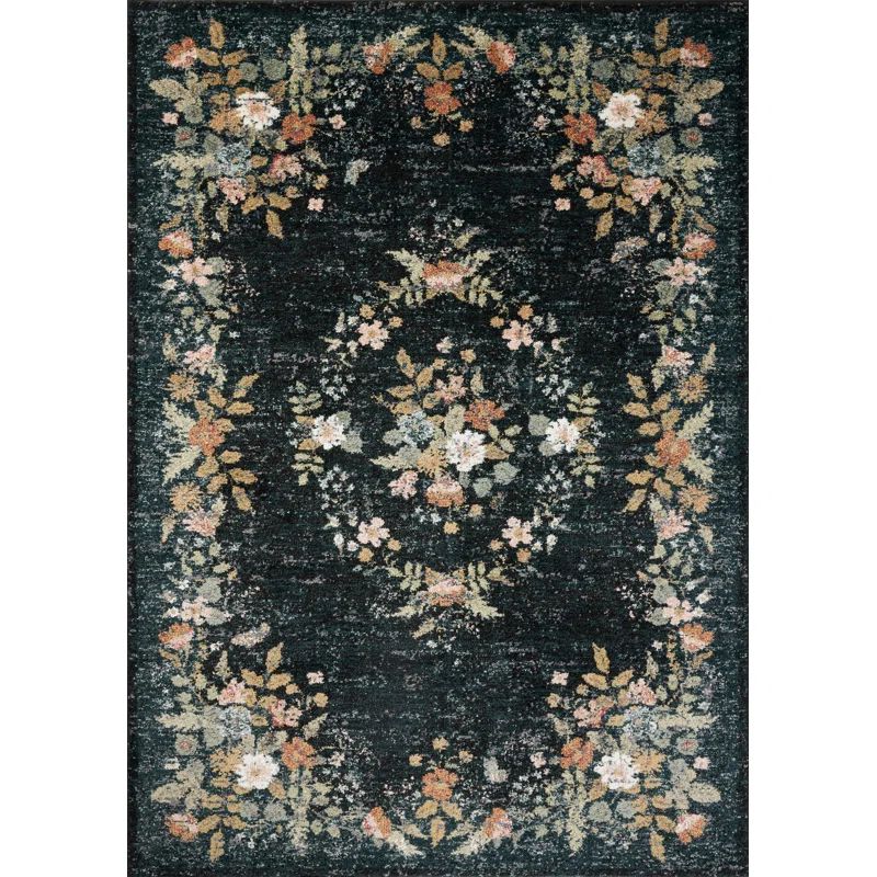Navy Floral Synthetic Easy Care Area Rug 2'-8" x 4'