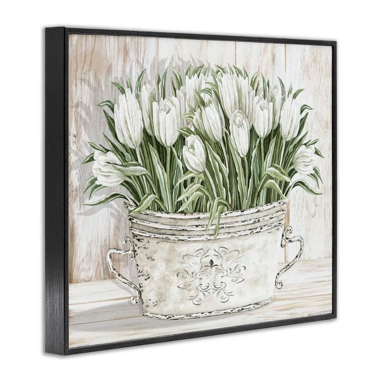 White Tulip Flowers Vintage Tin Painting on Canvas with Black Frame