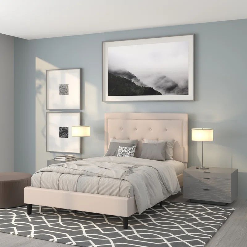 Beige Full Upholstered Platform Bed with Button Tufted Headboard