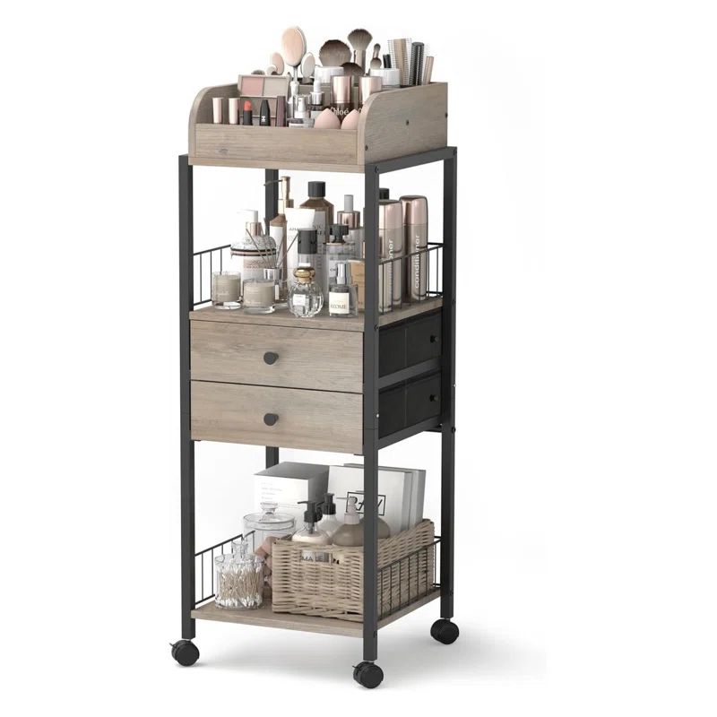 Tall Black and Wood Makeup Organizer with Drawers