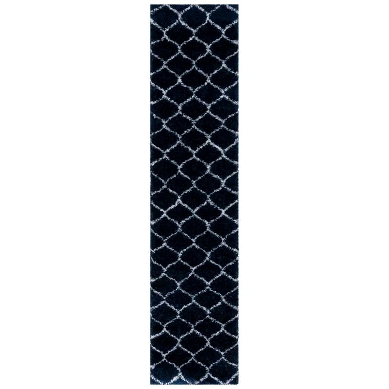 Navy and White Geometric Shag Runner Rug 2' x 9'