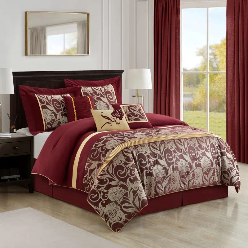 Burgundy and Gold King Microfiber Floral Comforter Set