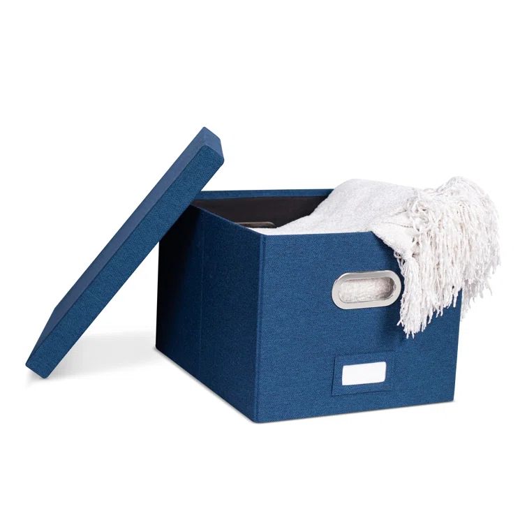 Navy Linen Collapsible File Storage Organizer with Lid