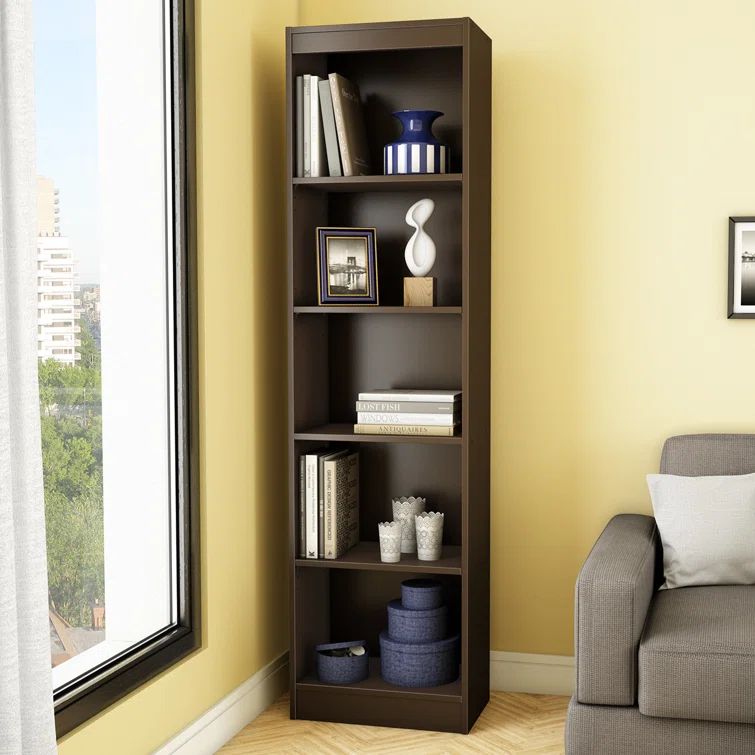 Chocolate Wood Adjustable 5-Shelf Narrow Bookcase