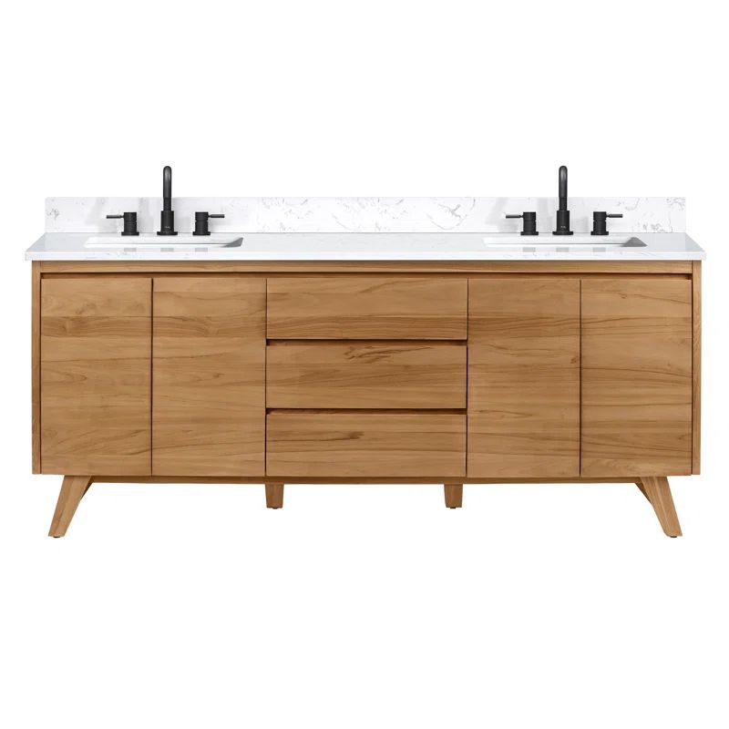 Coventry 73" Natural Teak Double Sink Vanity with White Stone Top