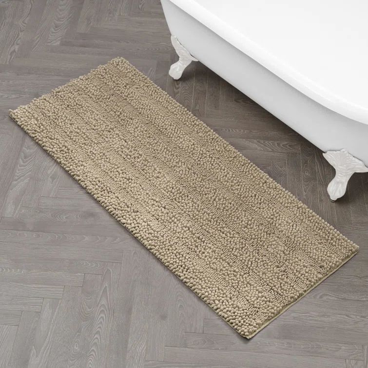 Linen Beige Chenille Non-Slip Polyester Bath Mat, 24" x 60"