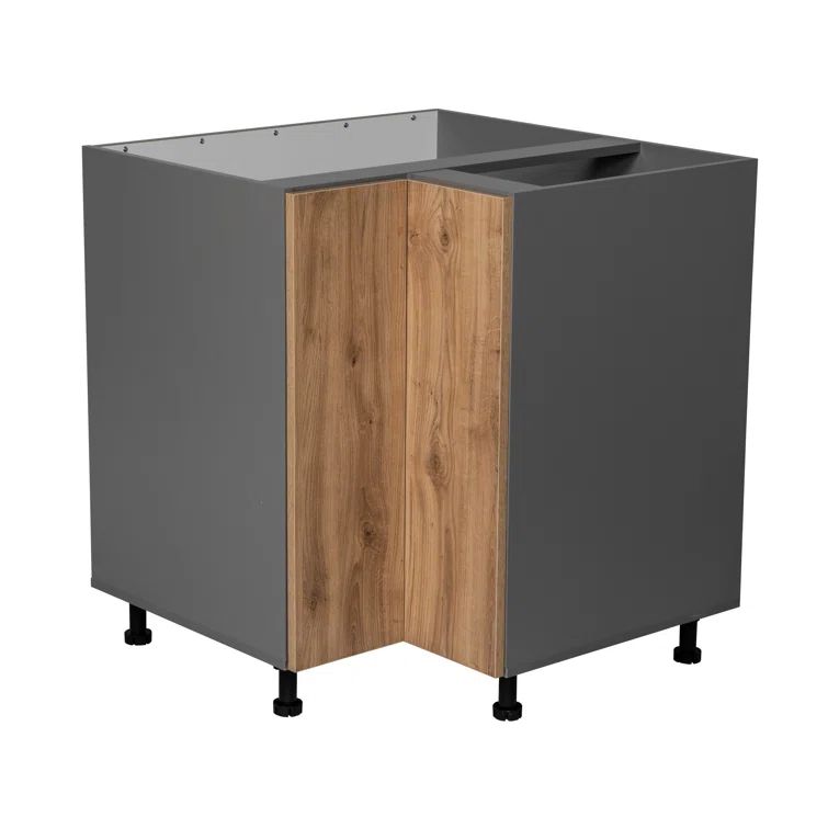 Natural Teak and Grey Particleboard Base Cabinet with Adjustable Shelves