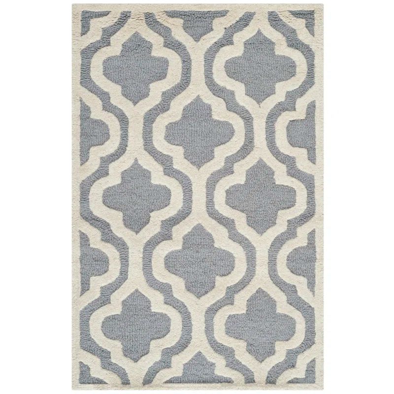 Silver and Ivory Hand-Tufted Wool Geometric Rug