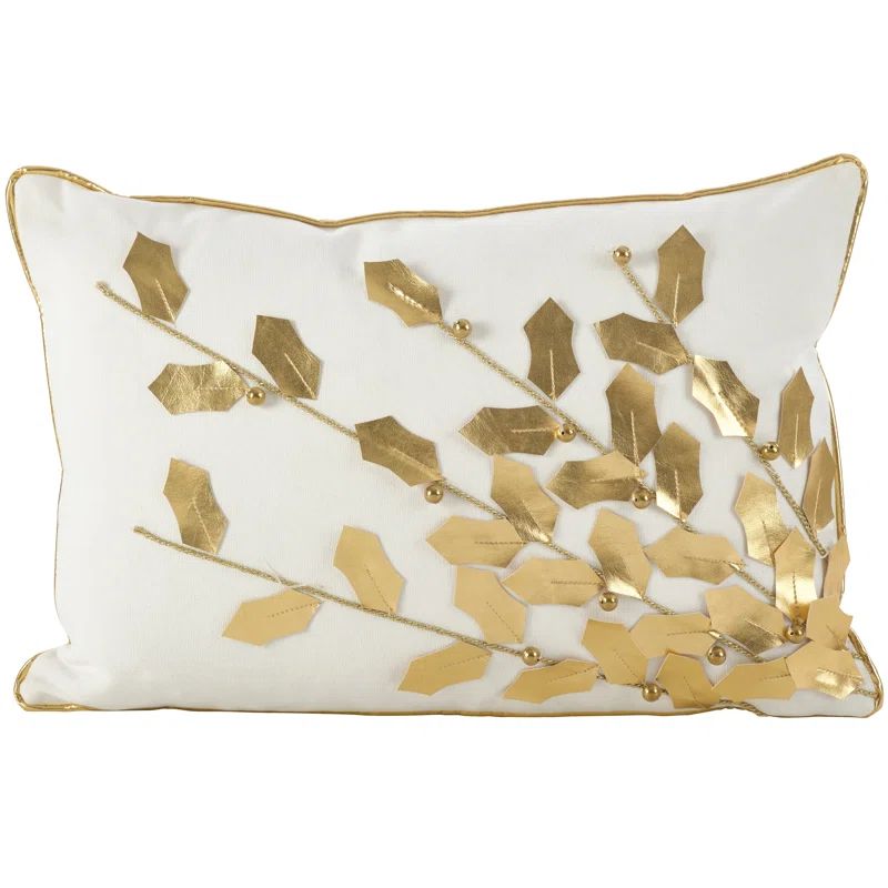 Gold Poinsettia Branch Design Rectangular Cotton Throw Pillow
