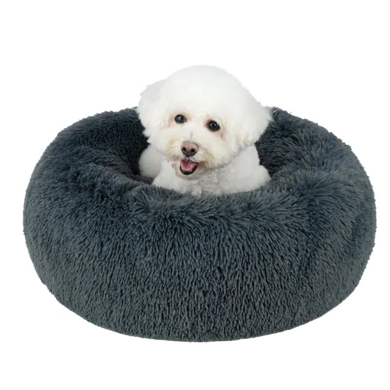 Small Gray Round Faux Fur Outdoor Dog Bed