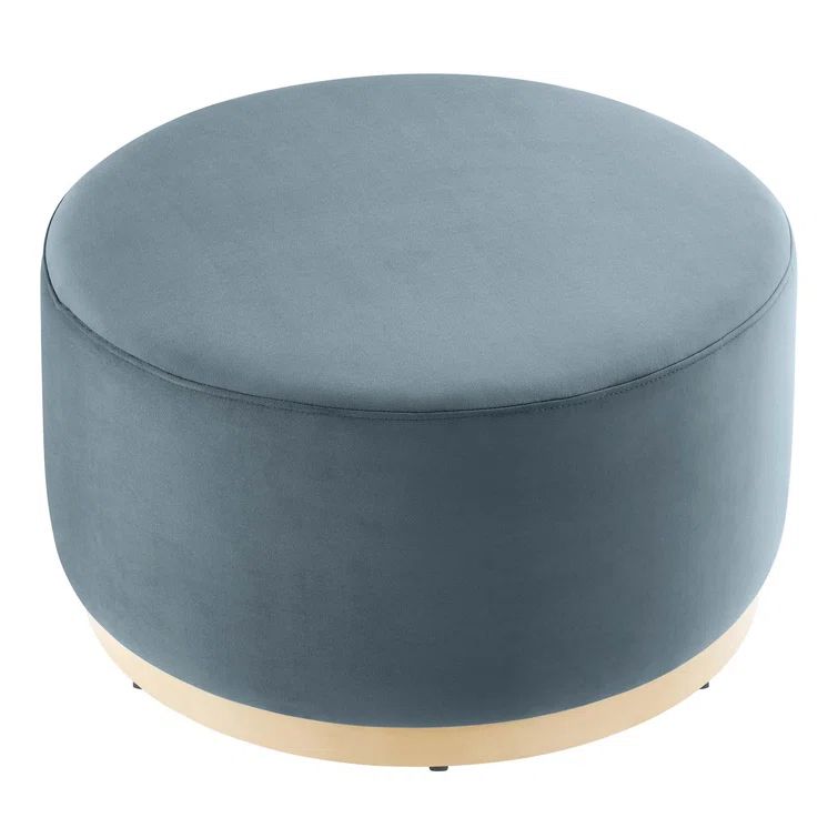 Tilden Large Round Blue Velvet Upholstered Ottoman with Rubberwood Base