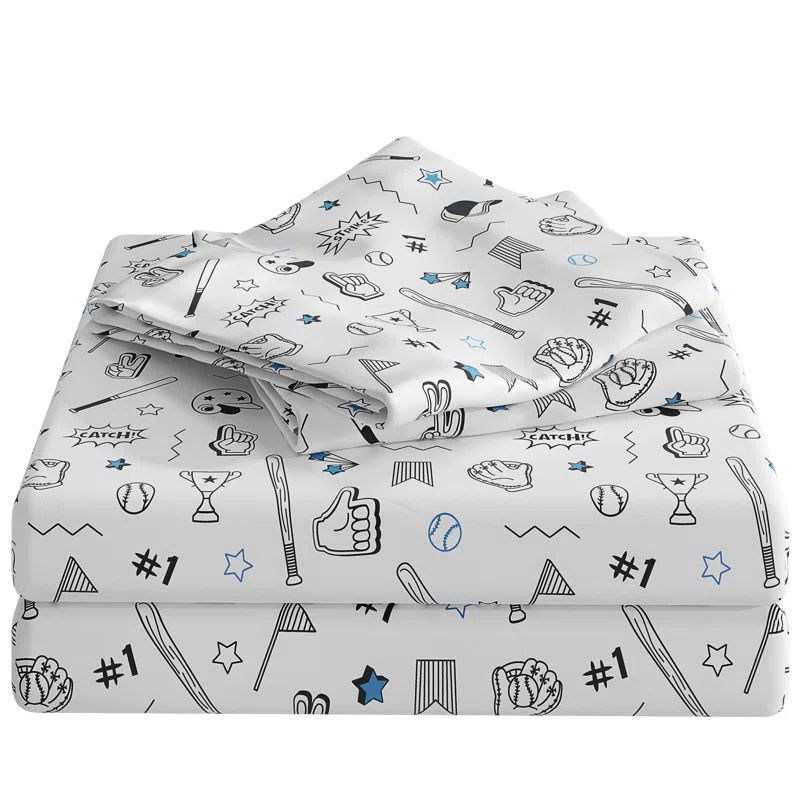 Queen Blue and White Baseball Print Microfiber Sheet Set