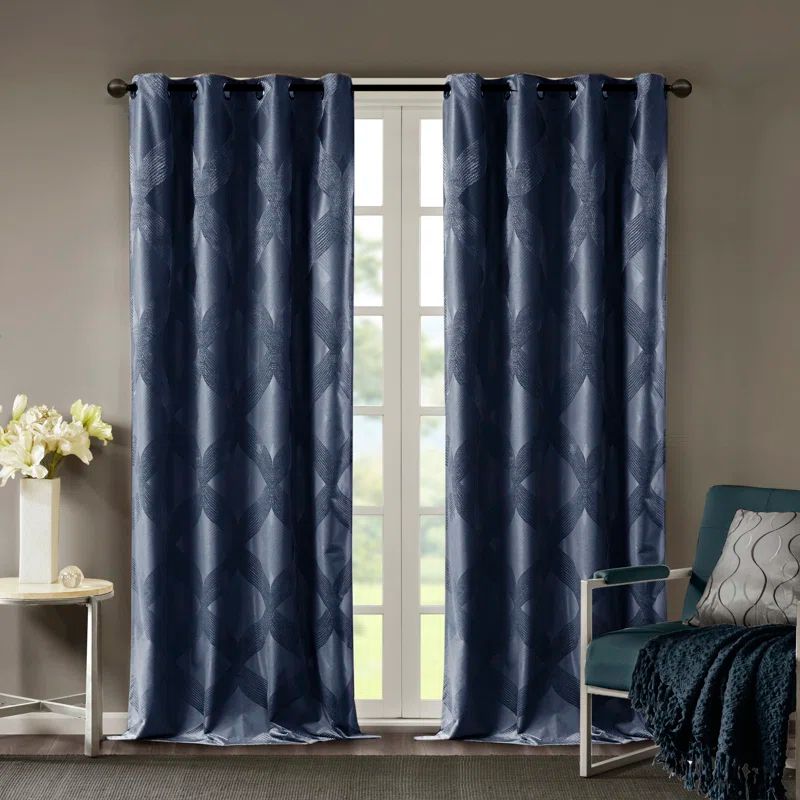 Navy Ogee Knitted Jacquard Blackout Curtain Panel