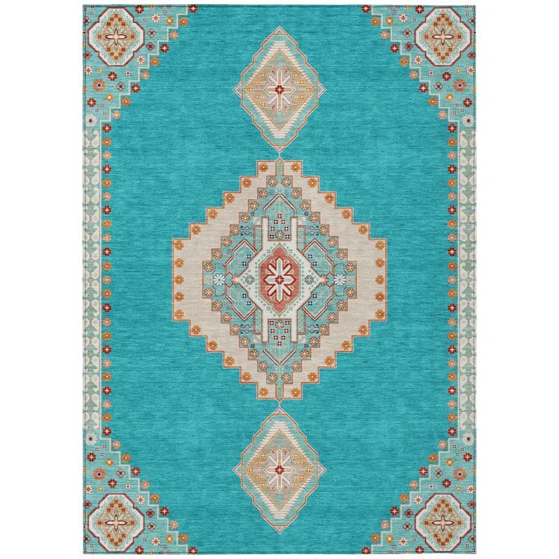 Teal Medallion Washable Synthetic Rectangular Rug 2'6" x 3'10"
