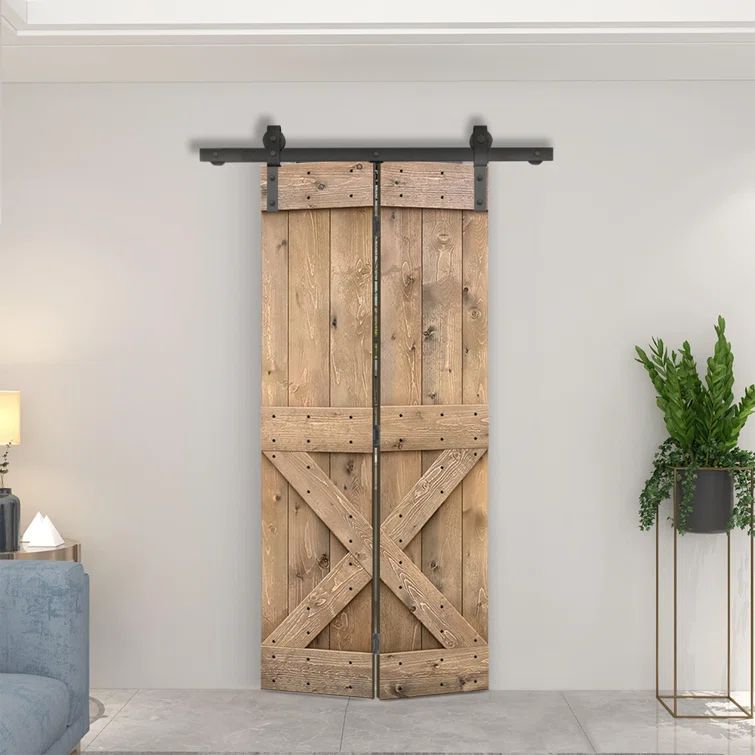 84'' Light Brown Pine Wood Bi-Fold Barn Door with Sliding Hardware Kit