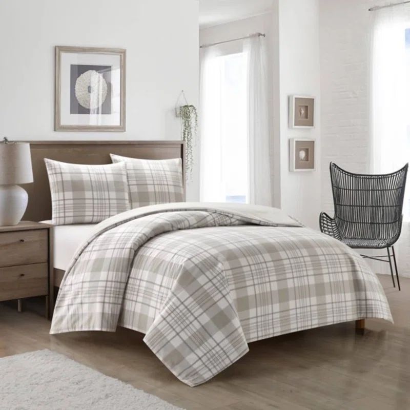 King Size Grey Plaid Cotton Comforter Set
