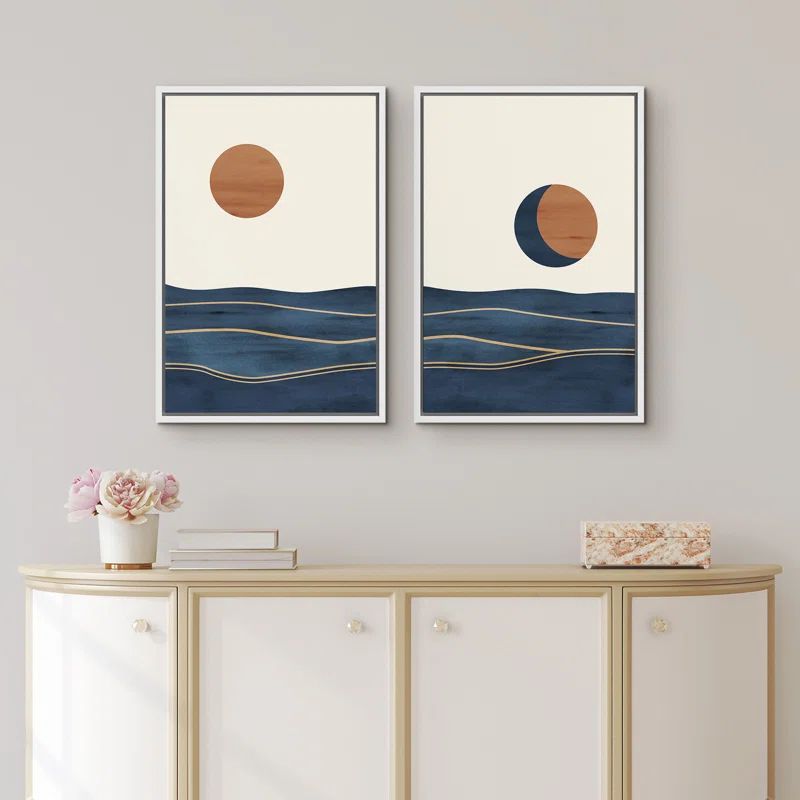 Sun and Moon Abstract Shapes Framed Canvas Art Set