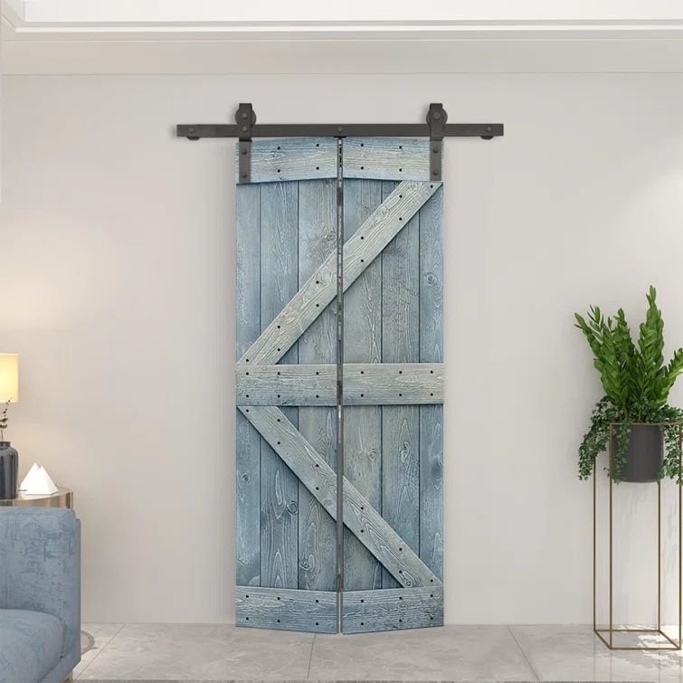 Denim Blue Pine Wood Solid Core Bi-parting Barn Door with Hardware