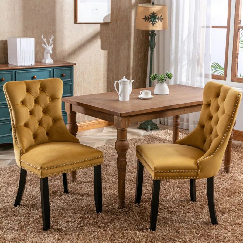 Gold Velvet Wing Back Parsons Side Chair Set with Solid Wood Legs