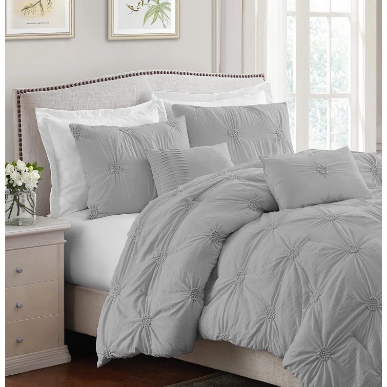 Gray Full Microfiber Floral Pintuck Comforter Set