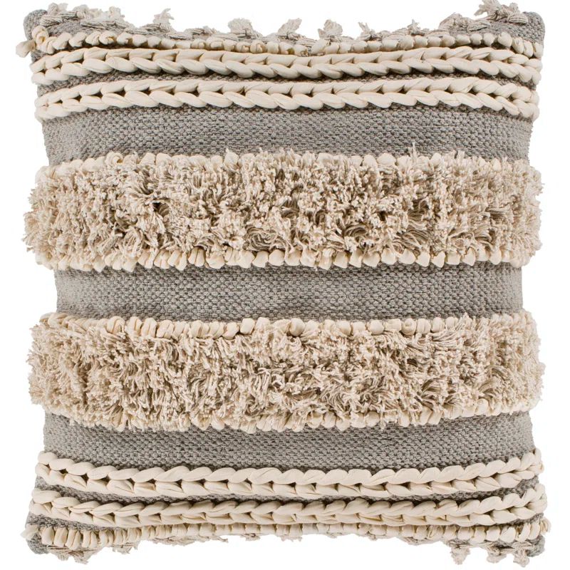 Taupe Cotton Embroidered Square Throw Pillow with Tassels